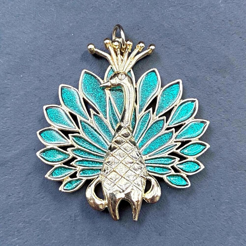 Vintage JJ Signed Teal Enamel Peacock Statement Pendant Whimsical Figural